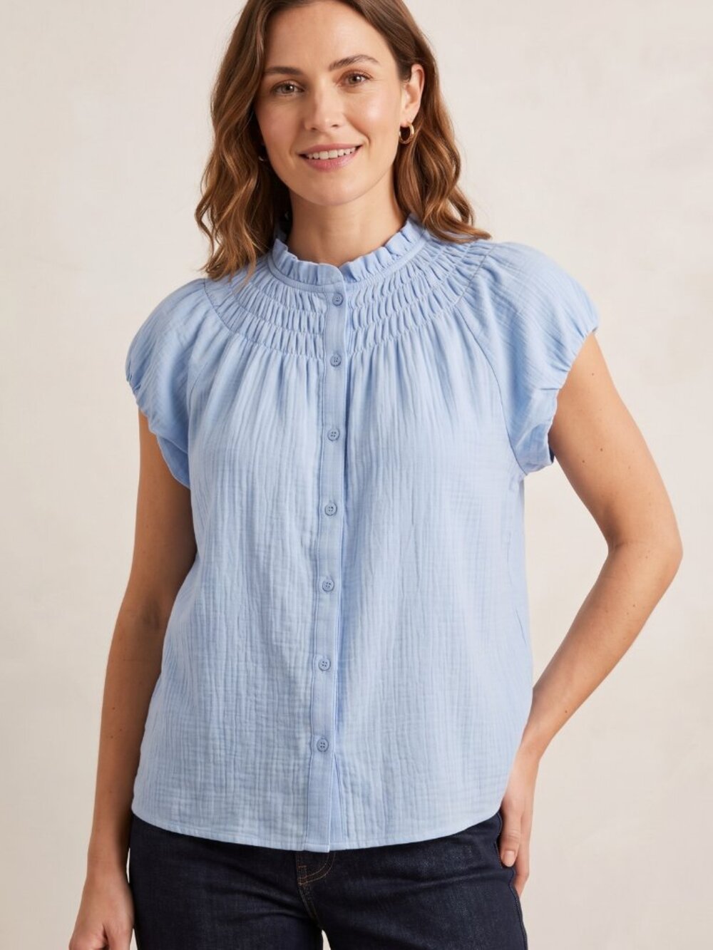 NWT BTFBM Light Blue Smocked Button Front Cap Sleeve Blouse XL